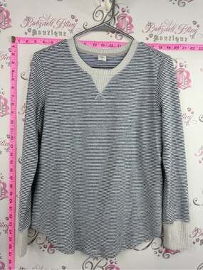 Simons Navy and Cream Striped Crewneck Sweater